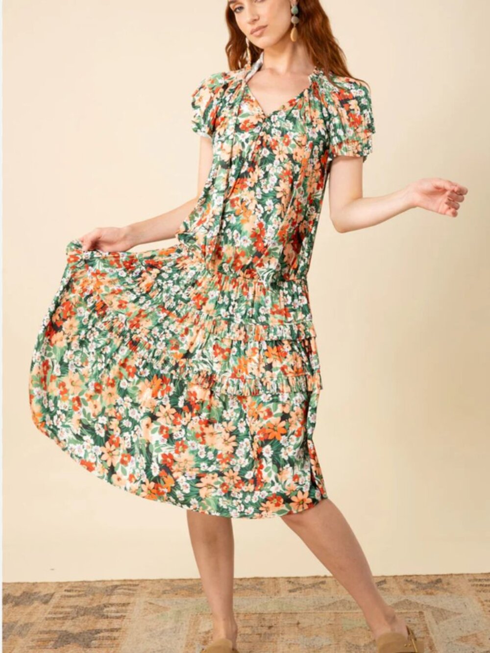 NEW Hale Bob Ariyah Midi Dress Green Floral Print Sz Medium Boho Vibrant Cottage